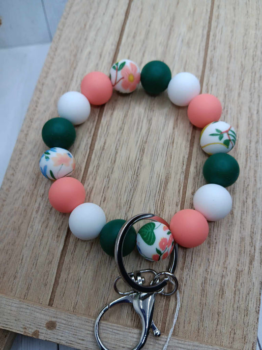 Green, White, & Pink Floral Beaded Wristlet