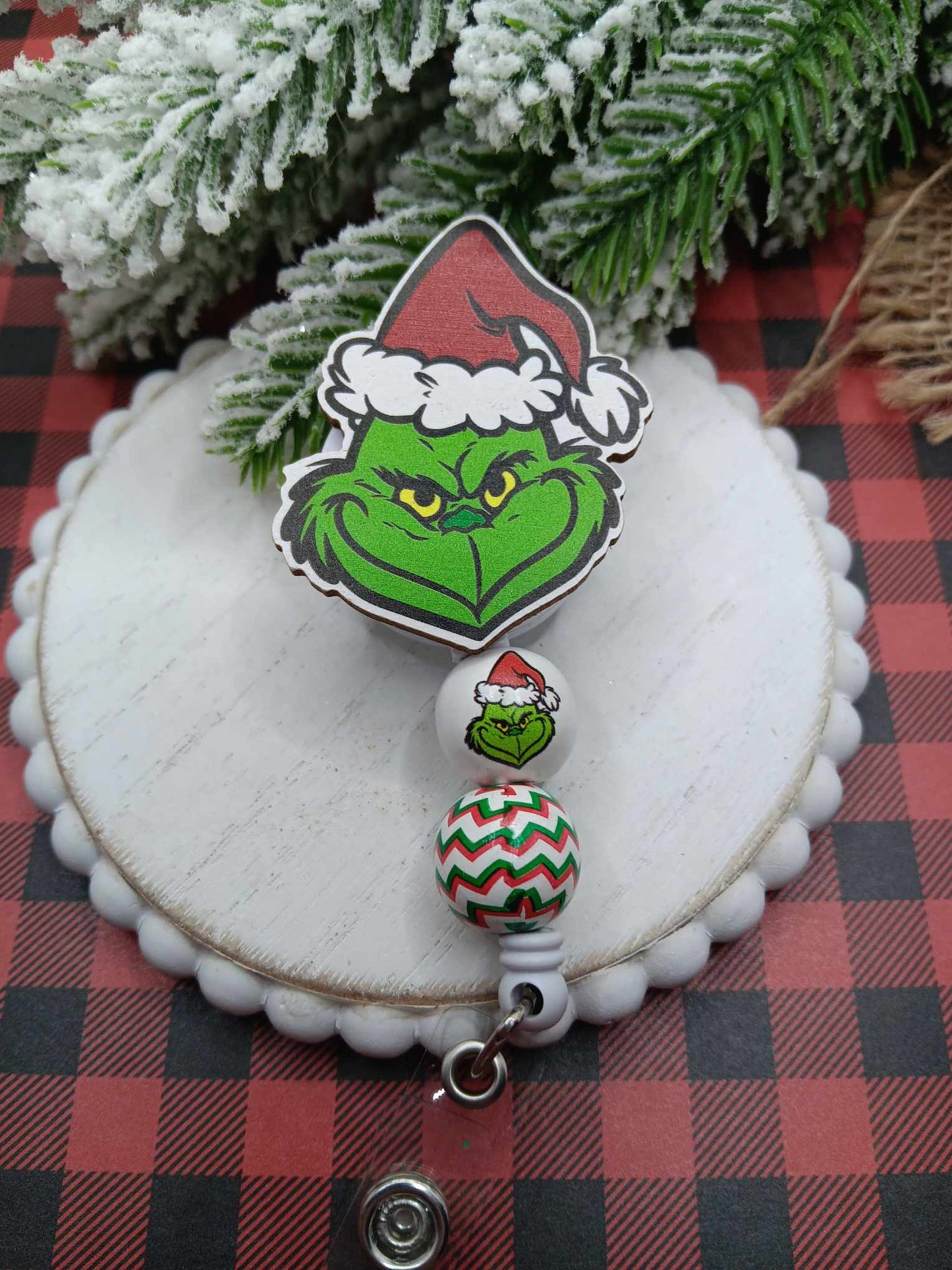 Green Man of Christmas Beaded Badge Reel
