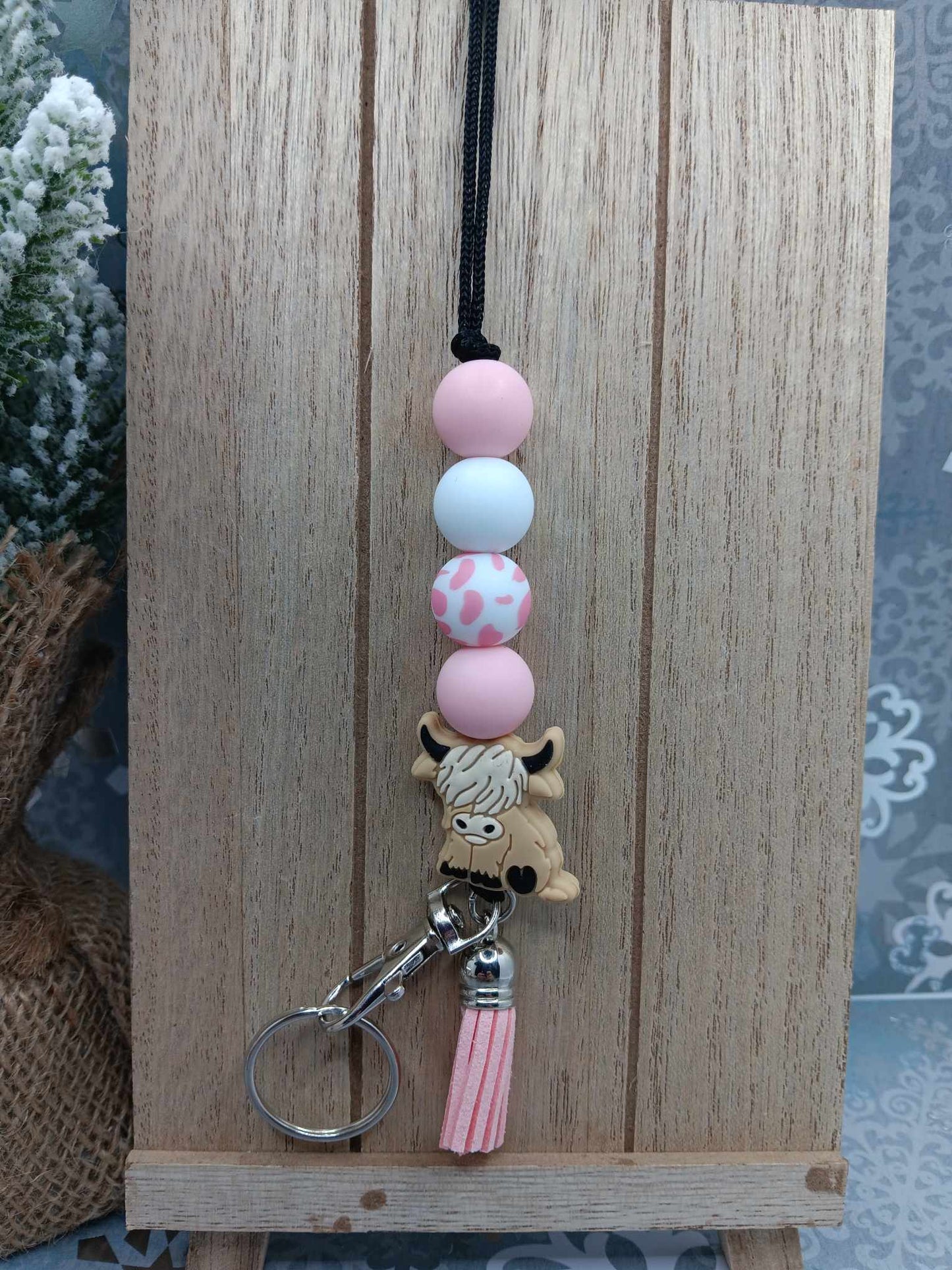 Pink Highland Cow Beaded Lanyard