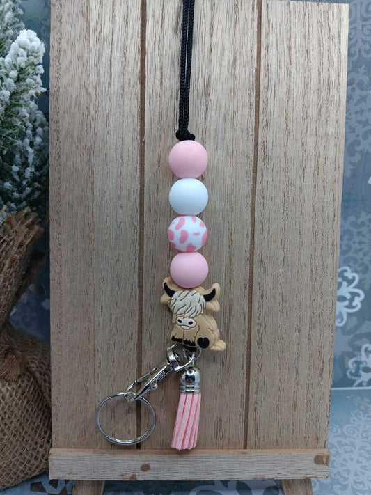 Pink Highland Cow Beaded Lanyard
