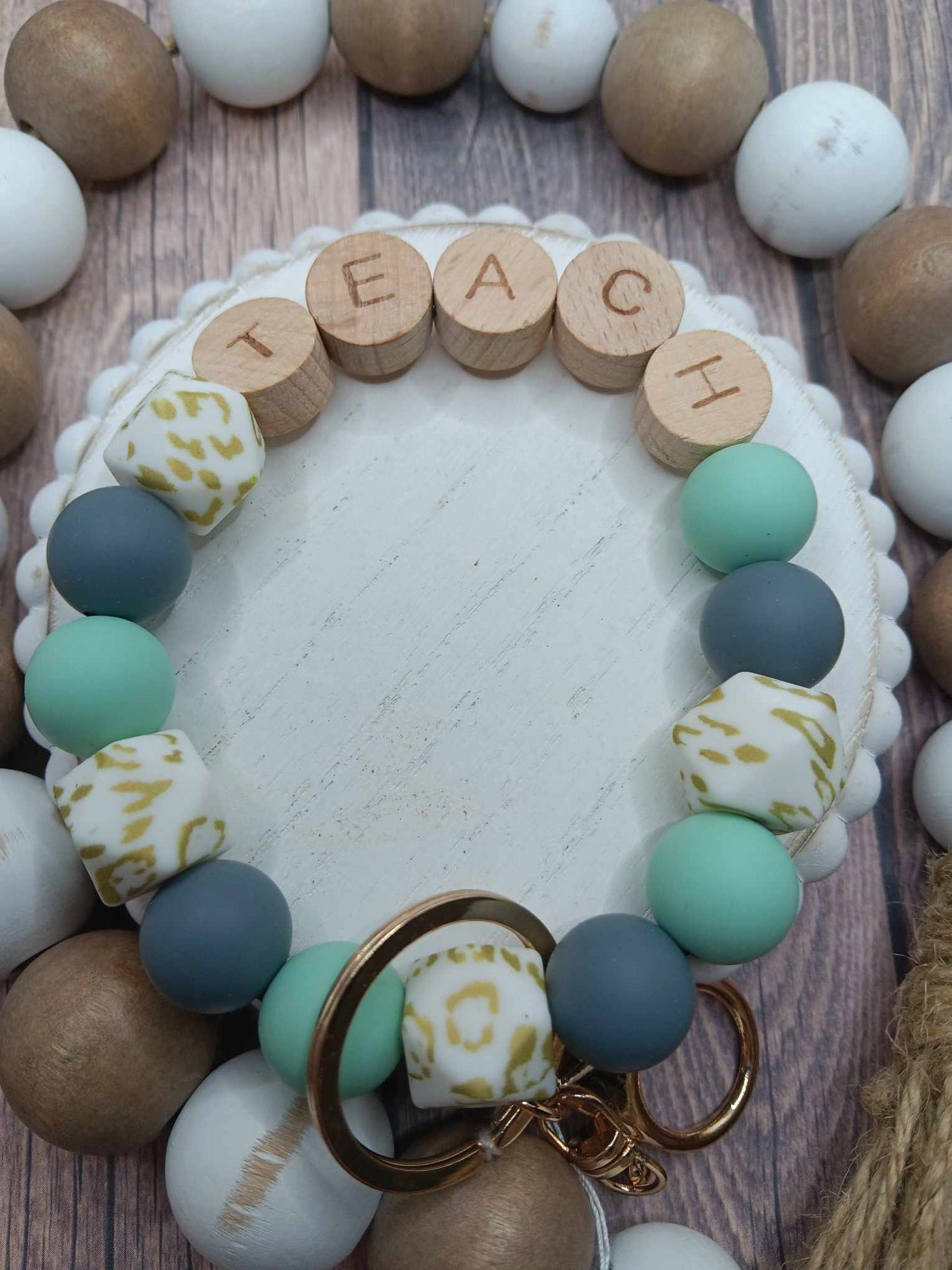 Teal TEACH Beaded Wristlet