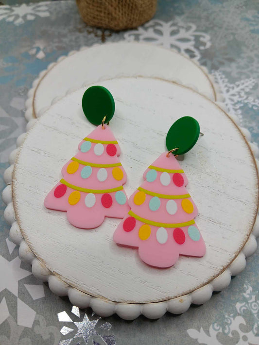 Pink Christmas Tree Earrings