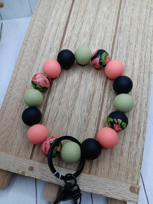 Pink, Green, & Black Floral Beaded Wristlet