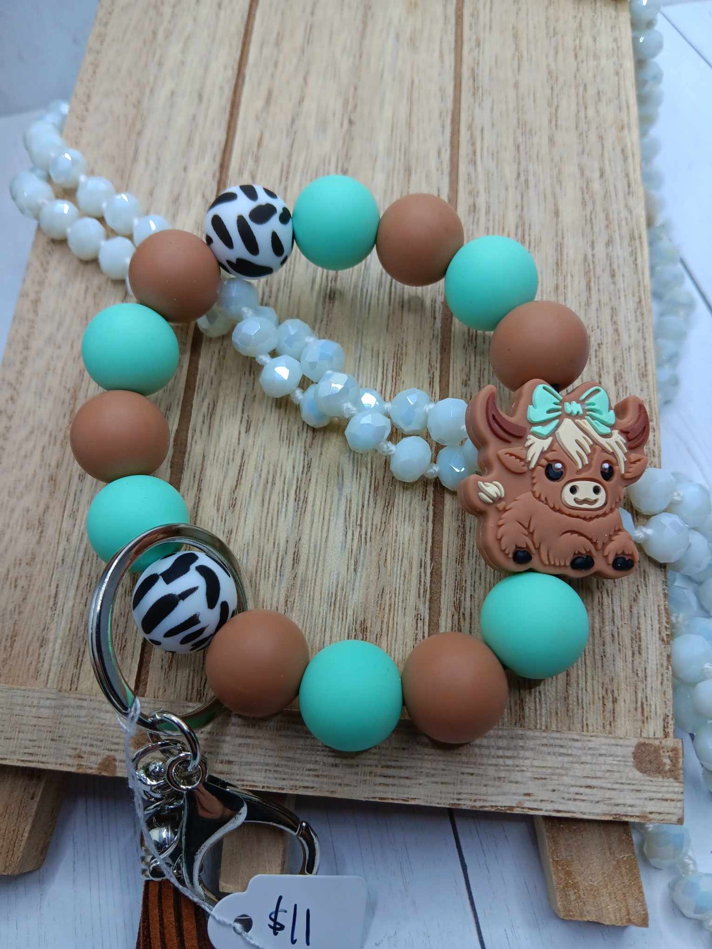Teal & Brown Cow Beaded Wristlet