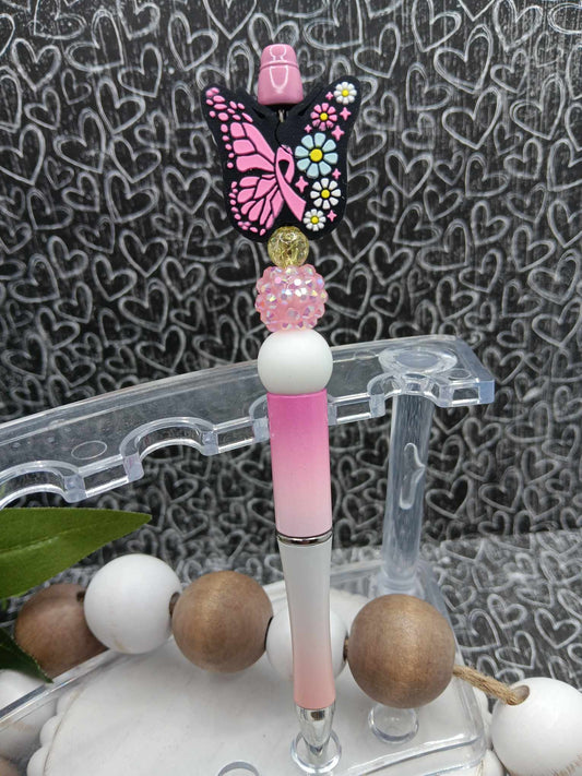 Pink Butterfly Ribbon Beaded Breast Cancer Awareness Ink Pen