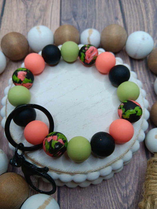 Pink & Green Floral Beaded Wristlet