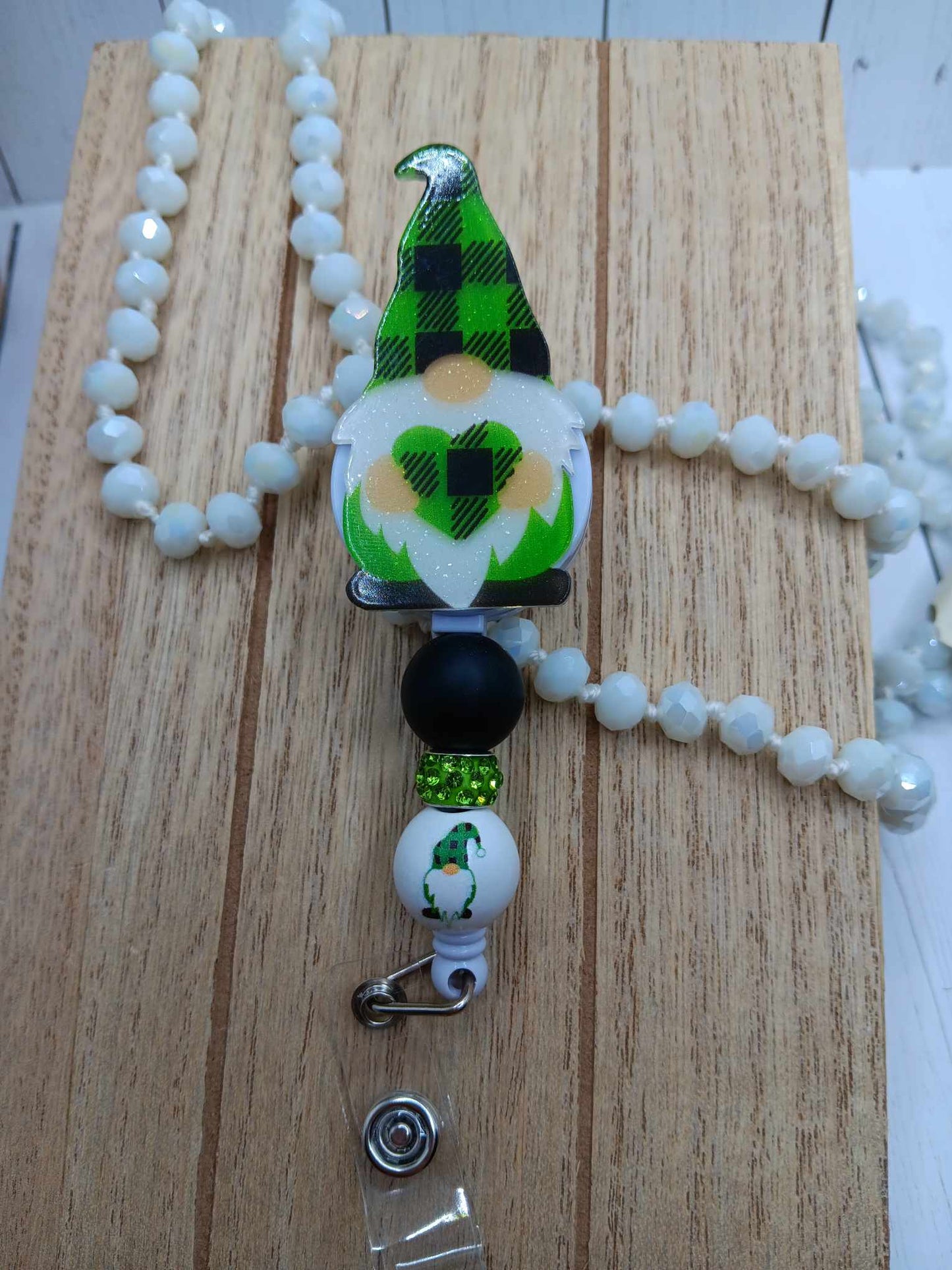 Green Gnome Beaded Badge Reel