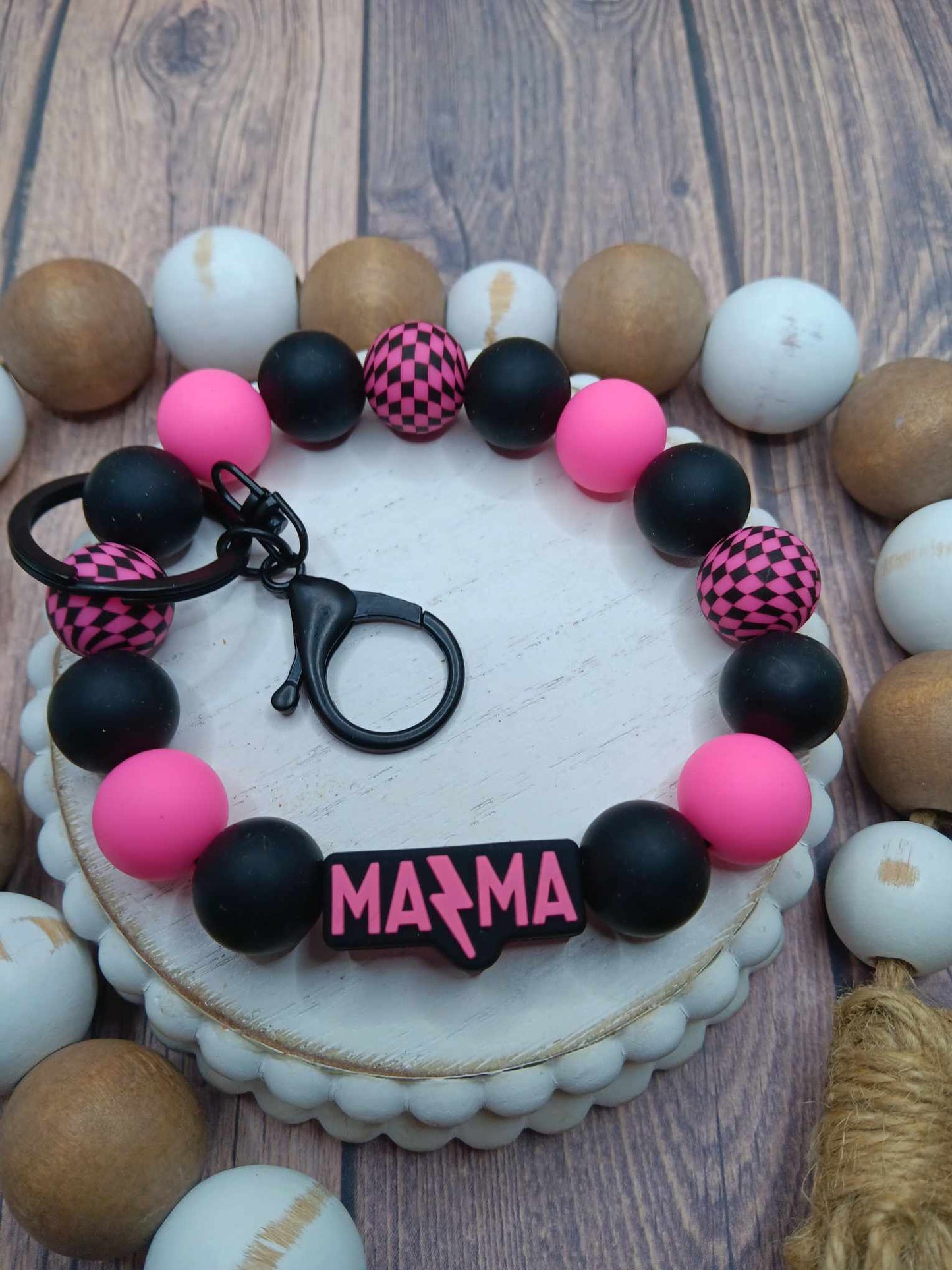 Pink & Checkered Mama Beaded Wristlet