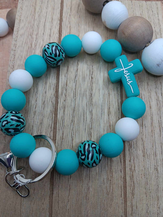 Teal & Leopard Jesus Cross Beaded Wristlet