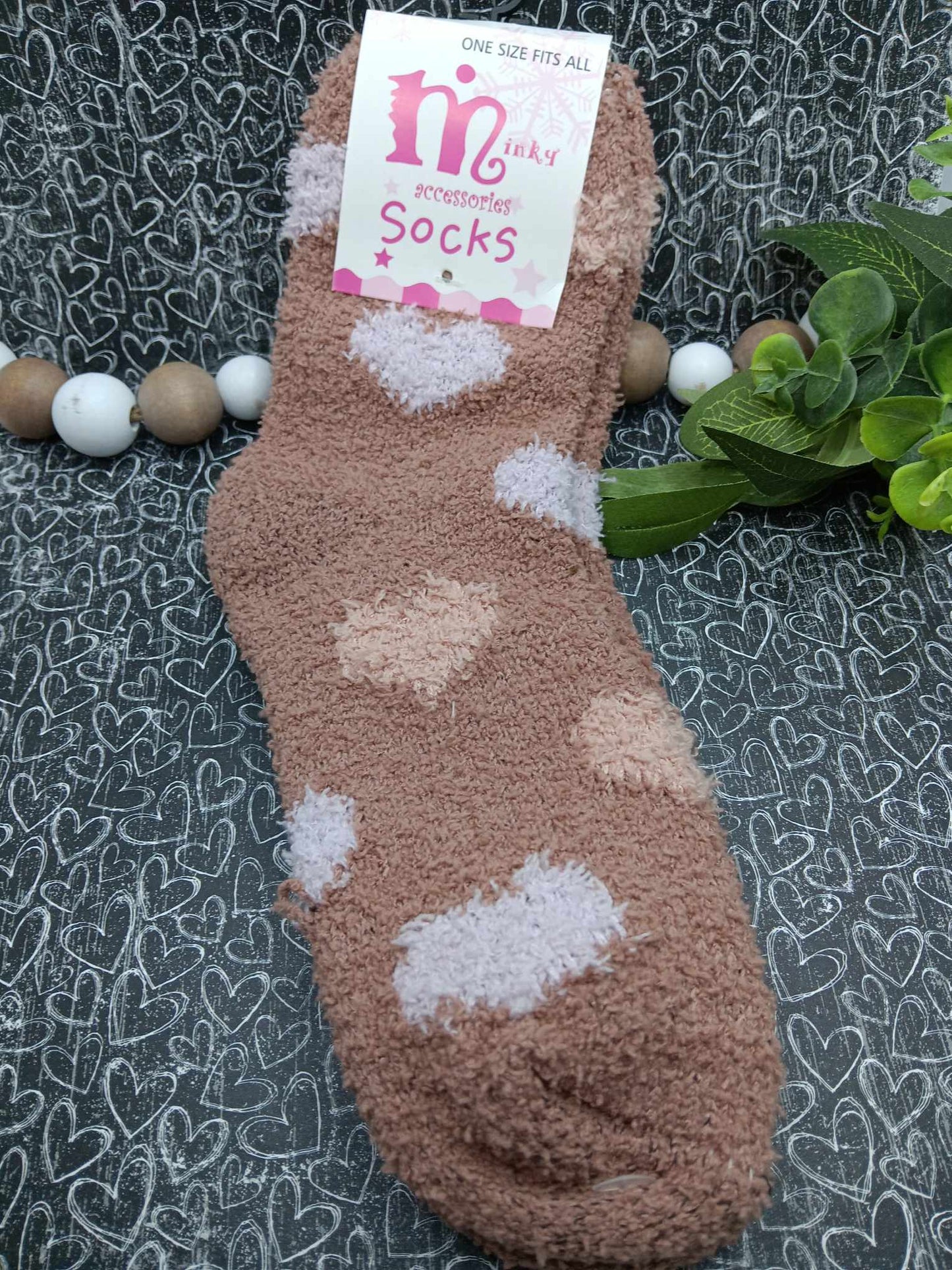 Tan & White Heart Fuzzy Socks