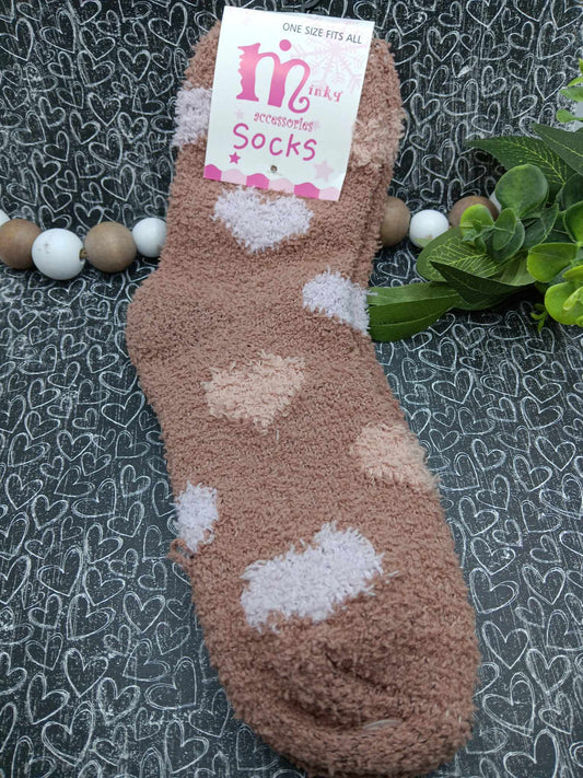Tan & White Heart Fuzzy Socks