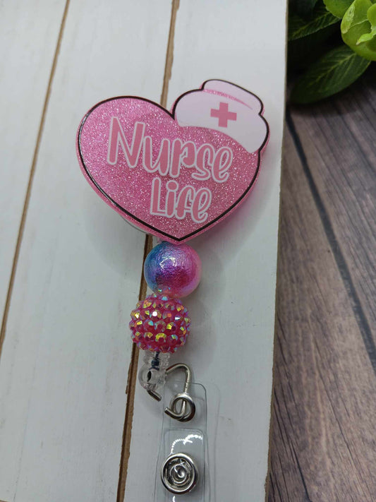 Pink Glitter Nurse Life Beaded Badge Reel