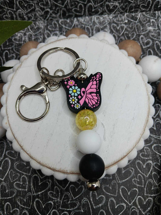Pink & Black Butterfly w/ Pink Ribbon Beaded Keychain