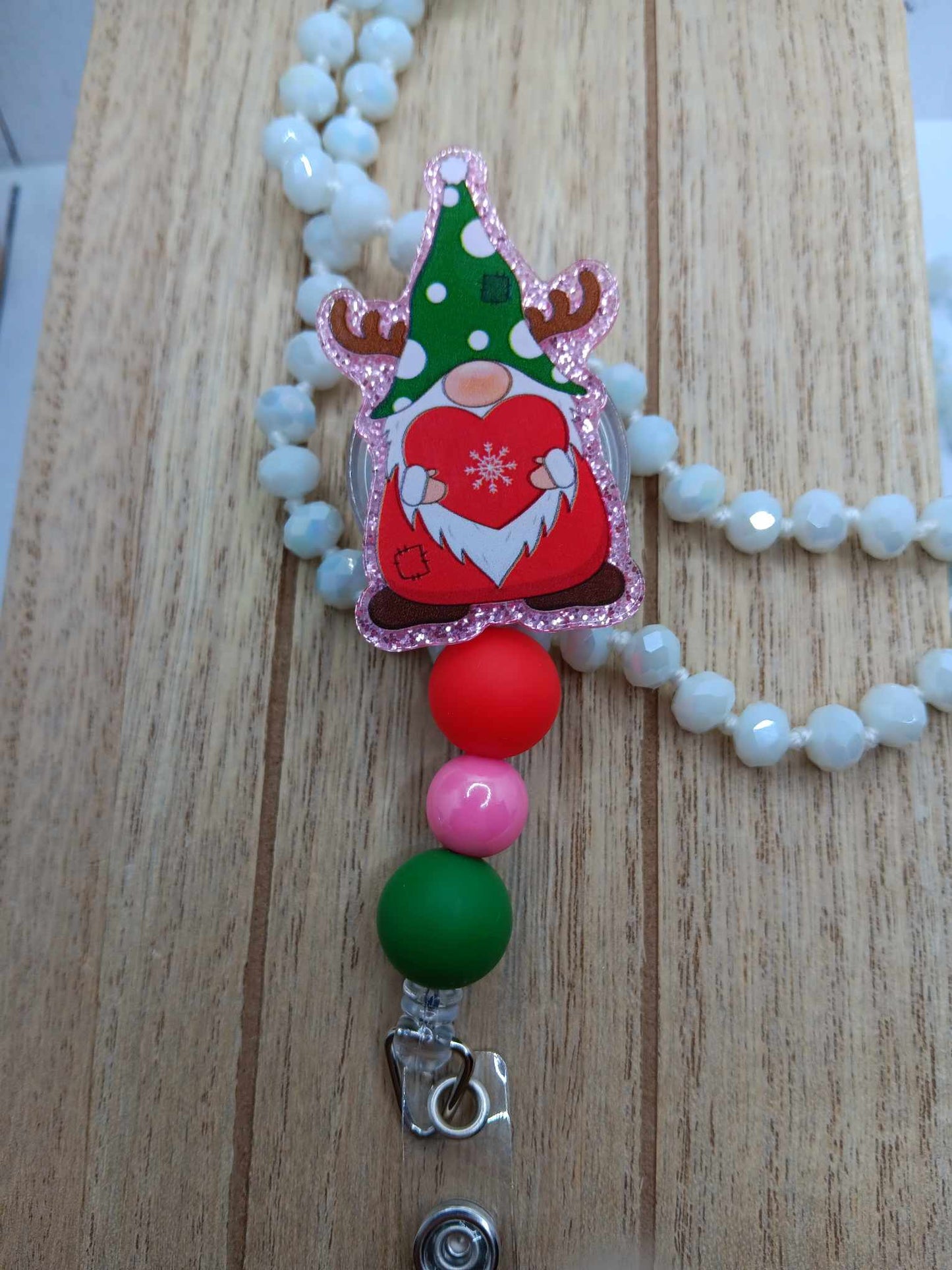 Reindeer Gnome Beaded Badge Reel