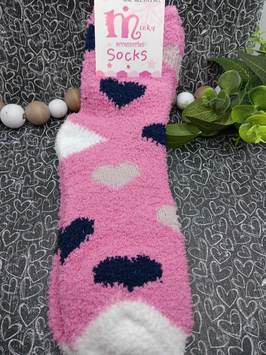 Pink, White, & Black Heart Fuzzy Socks