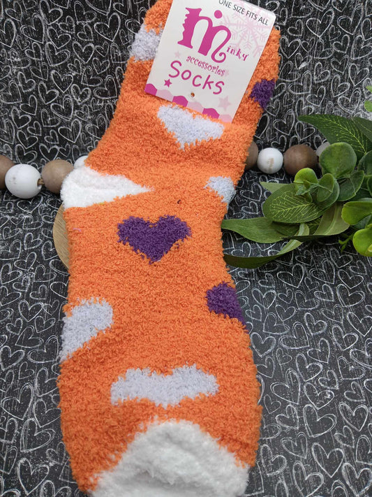 Orange, White, & Purple Heart Fuzzy Socks