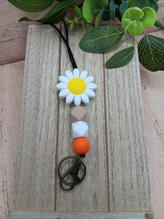 White Daisy Beaded Lanyard