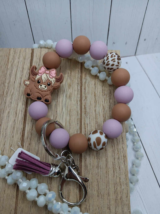 Pink & Brown Cow Beaded Wristlet