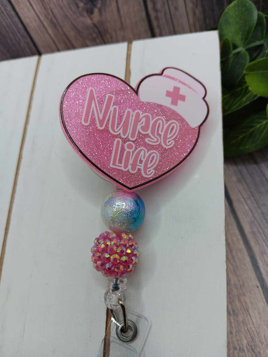 Pink glitter Beaded Badge Reel