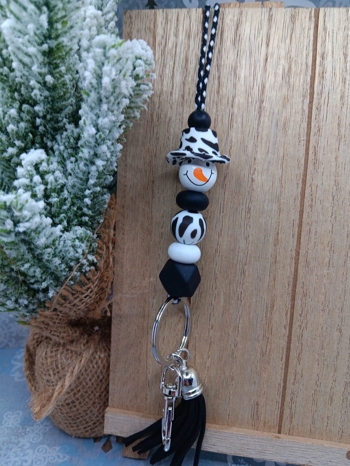 Cow Print Snowman Beaded Lanyard