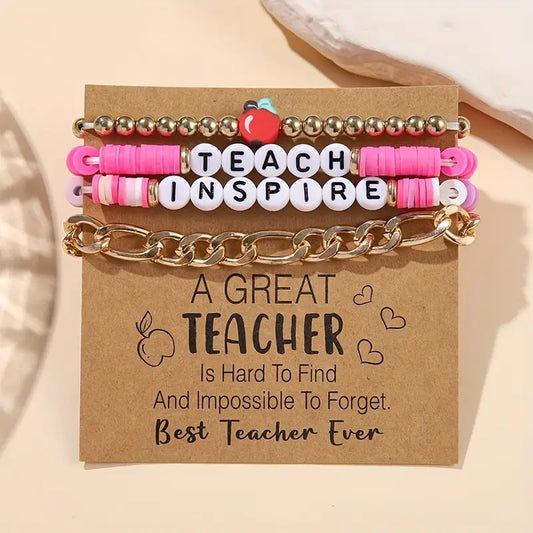 Pink & Gold Beaded & Chain Teacher Bracelet Set