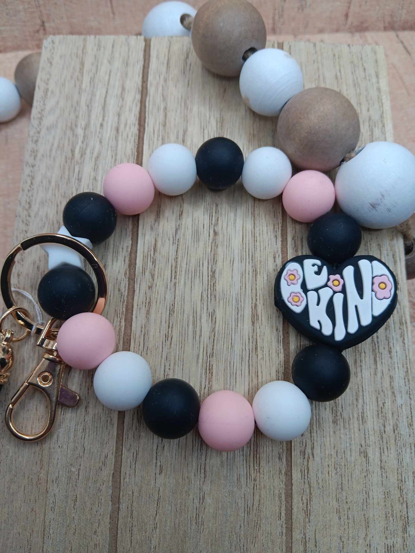 Pink, Black, & White Be Kind Beaded Wristlet