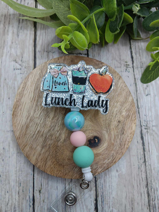 Lunch Lady Glitter Beaded Badge Reel