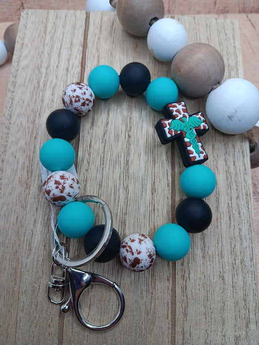 Teal & Cow Print Nurse Beaded Wristlet