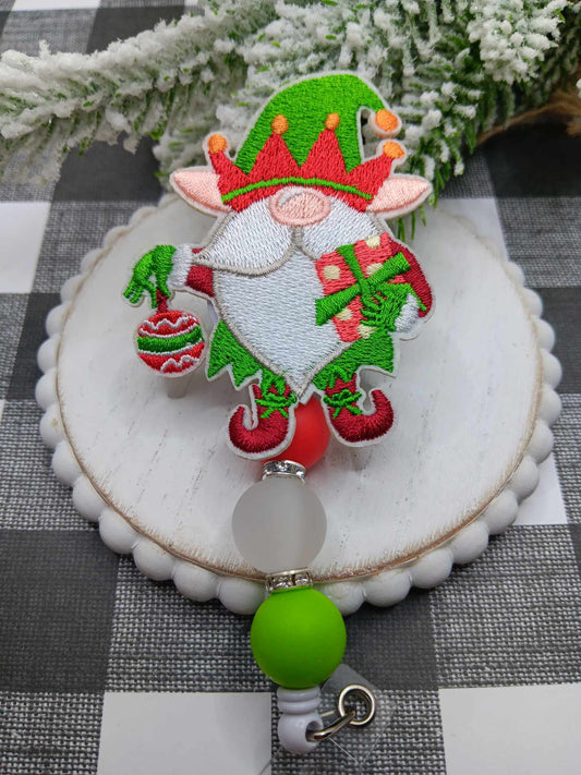 Embroidered Christmas Gnome Beaded Badge Reel