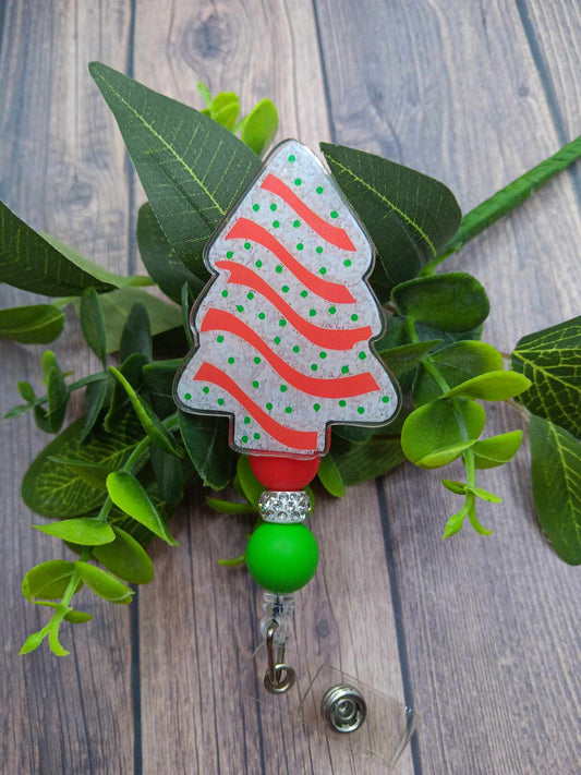 Christmas Tree Cake Beaded Badge Reel