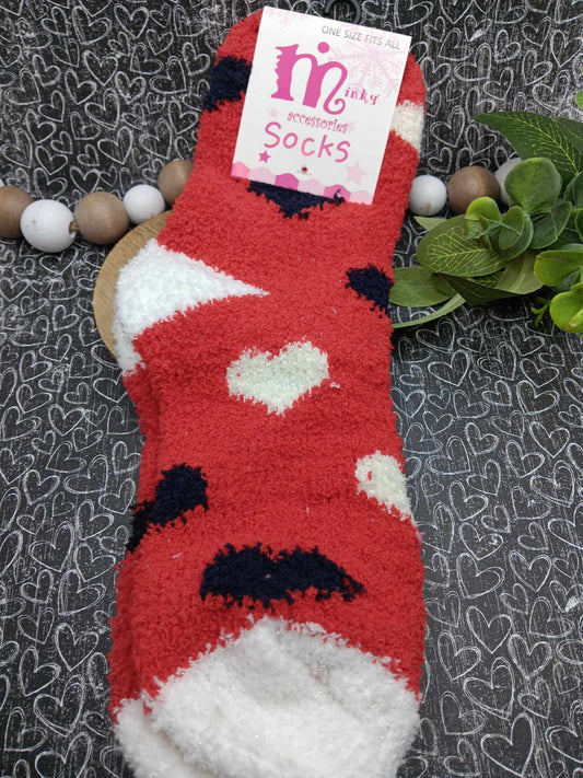 Whtie, Black, & Red Heart Fuzzy Socks