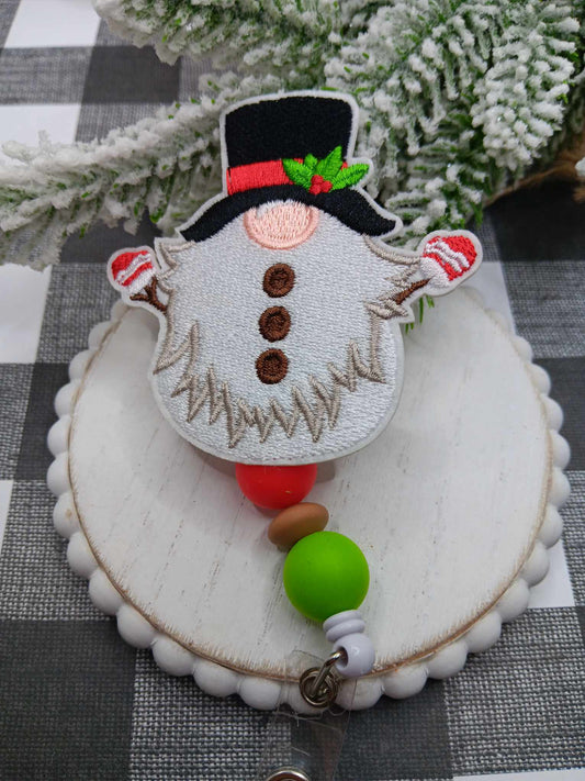 Embroidered Snowman Gnome Beaded Badge Reel