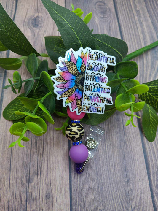 i am Beautiful I am Strong Beaded Badge Reel