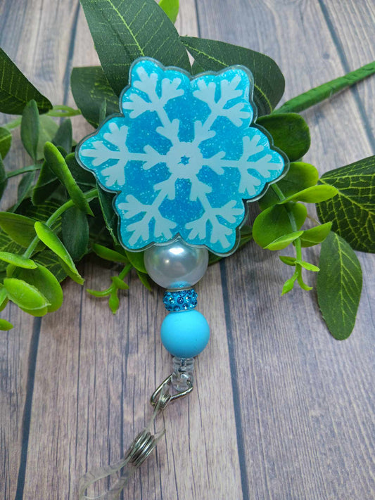 Blue Snowflake Beaded Badge Reel