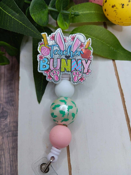 Teacher Bunny Beaded Badge Reel