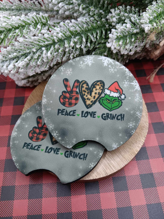 Peace Love Grinchy Car Coaster Set