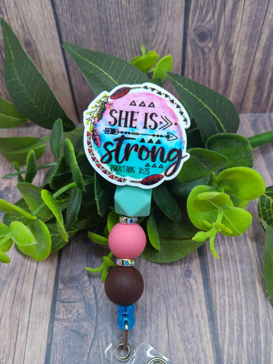 She is Strong Beaded Badge Reel