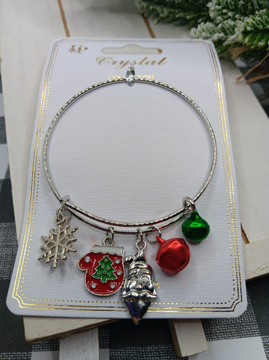 Christmas Bangle Charm Bracelet w/ Mitten, Snowflake, & Santa