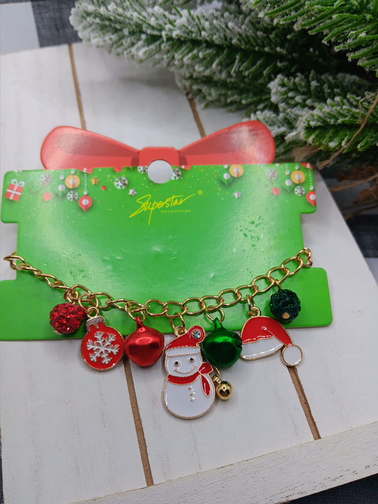 Christmas Charm Bolo Style Bracelet w/ Santa hat, Snowman, & Snowflake