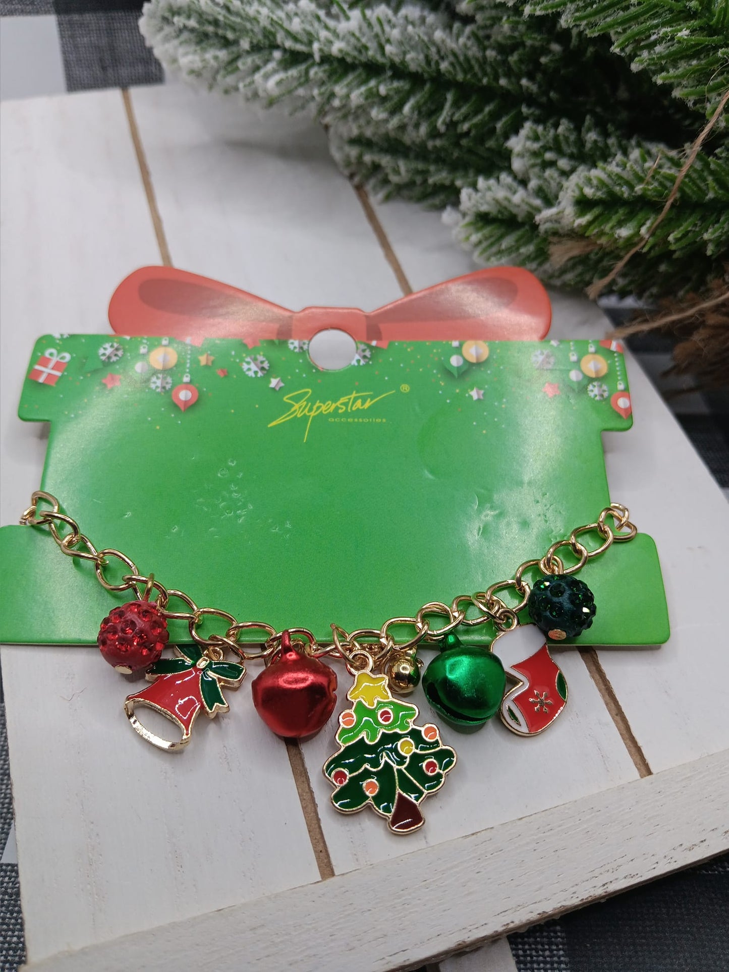 Christmas Bolo Style Bracelet w/ Christmas Tree, Stocking, & Bells