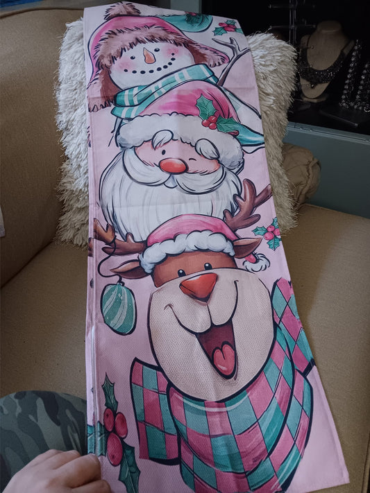 Pink Christmas Table Runner w/ Snowman, Santa, & Reindeer