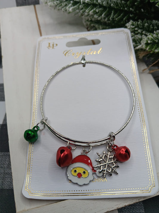 Christmas Bangle Charm Bracelet w/ Santa, Snowflakes, & Bells
