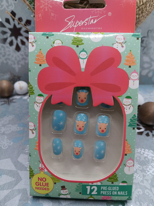 Girl's Blue Reindeer Nail Set