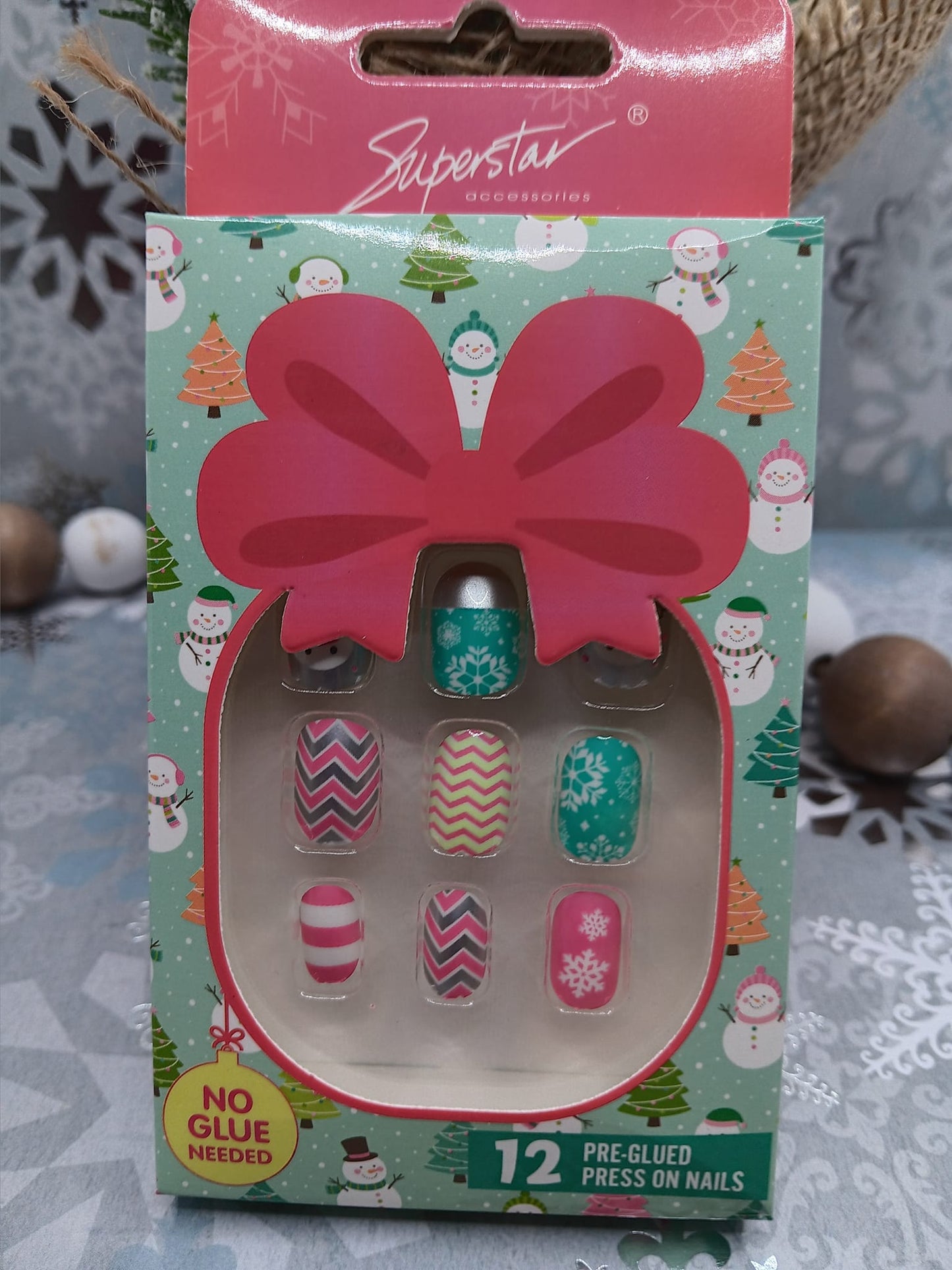 Pink, Teal, & Beige Girl's Christmas Nail Set