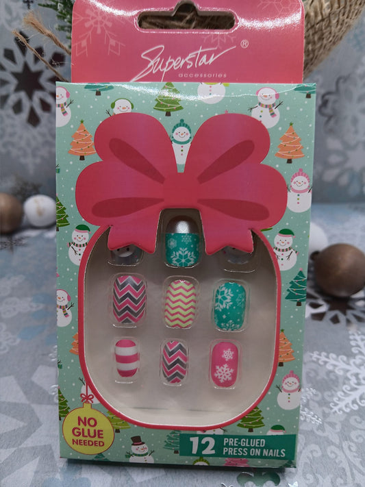 Pink, Teal, & Beige Girl's Christmas Nail Set