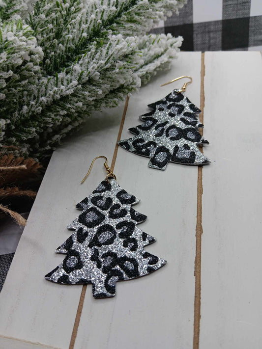 Grey Glitter Leopard Christmas Tree Earrings