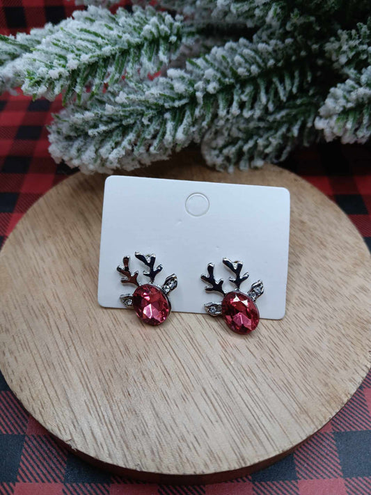 Rhinestone Reindeer Earrings - Pink