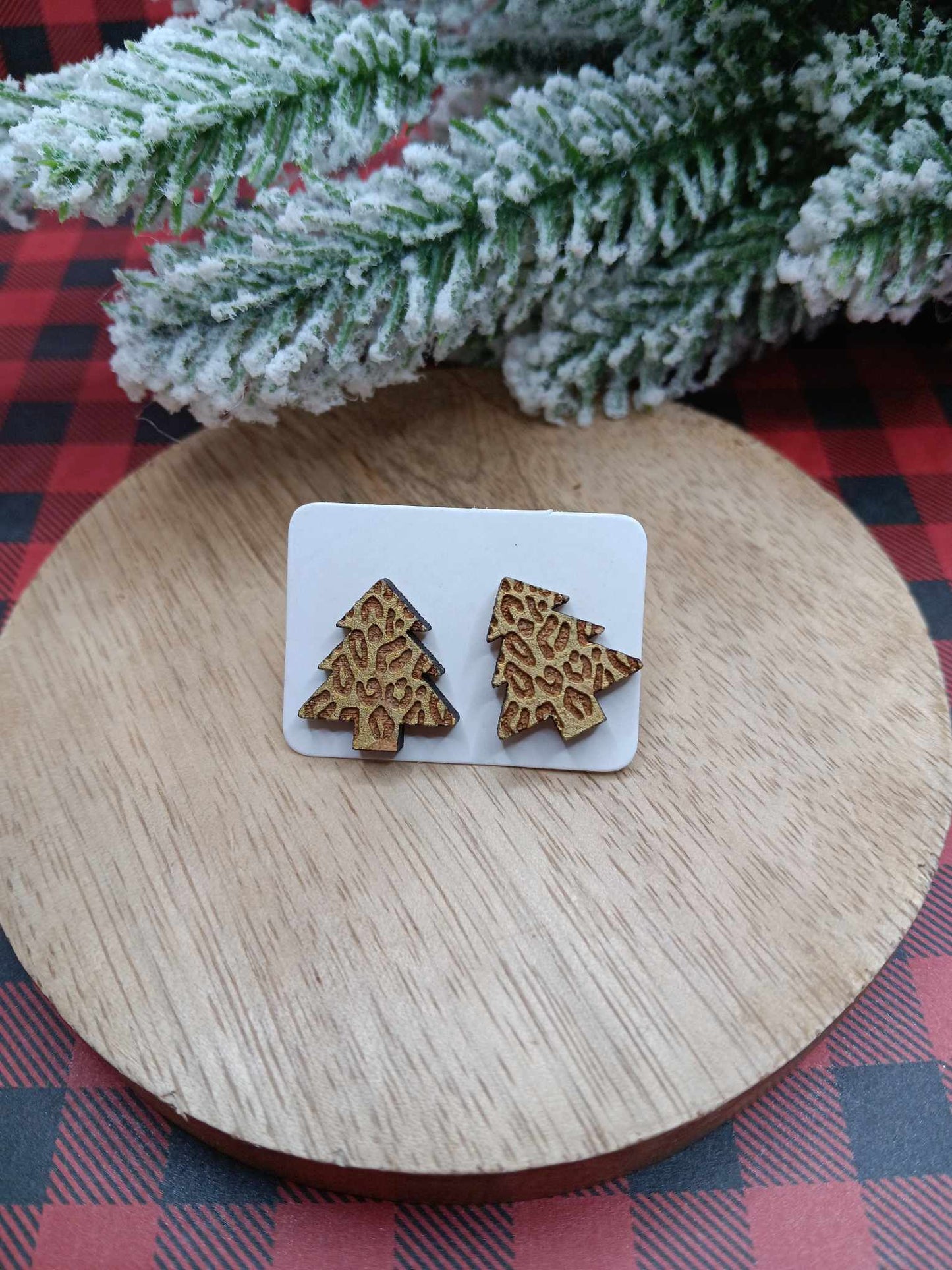 Tan Leopard Christmas Tree Earrings