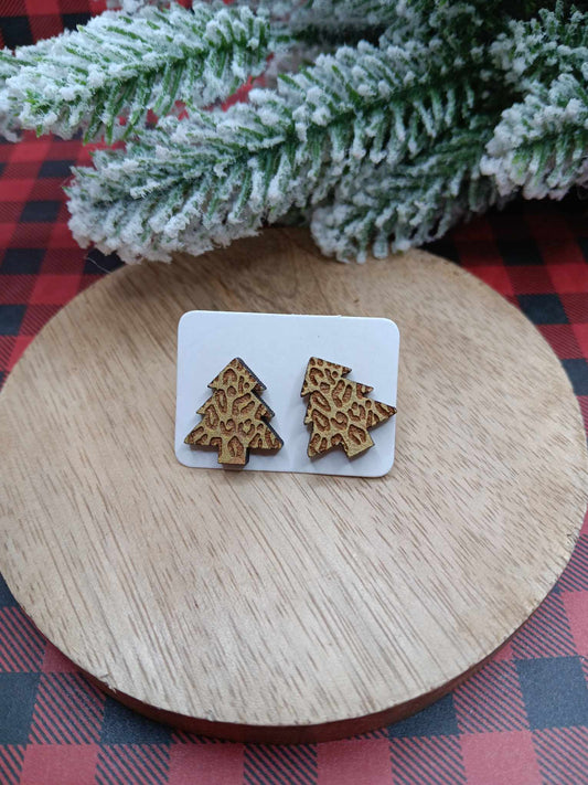 Tan Leopard Christmas Tree Earrings