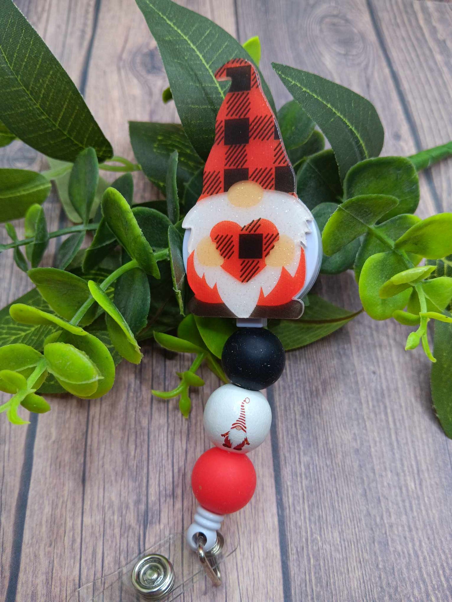 Red Gnome Beaded Badge Reel